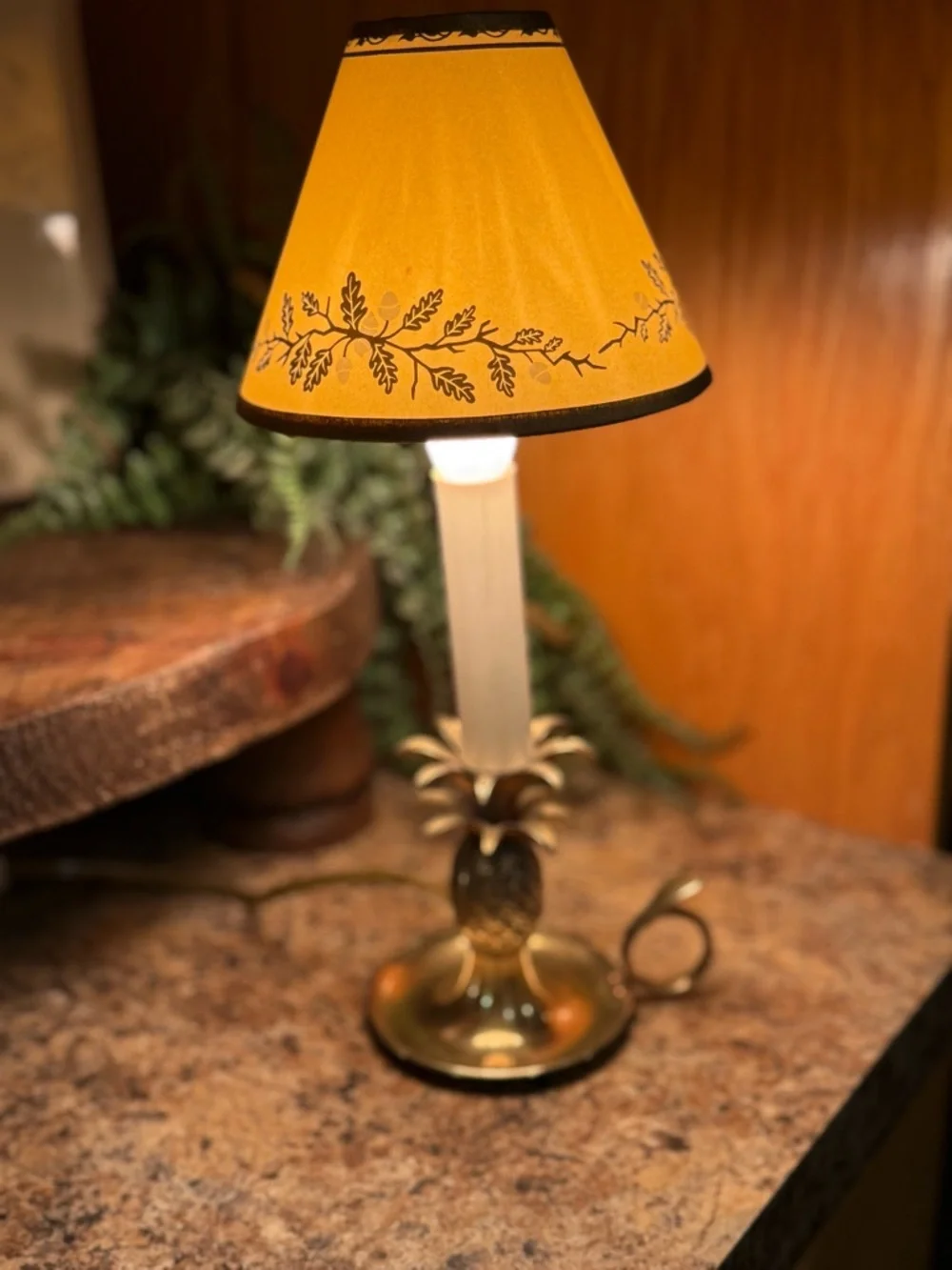 Vintage Brass Pineapple Table Lamp 10” Metallic Finish Yellow Shade